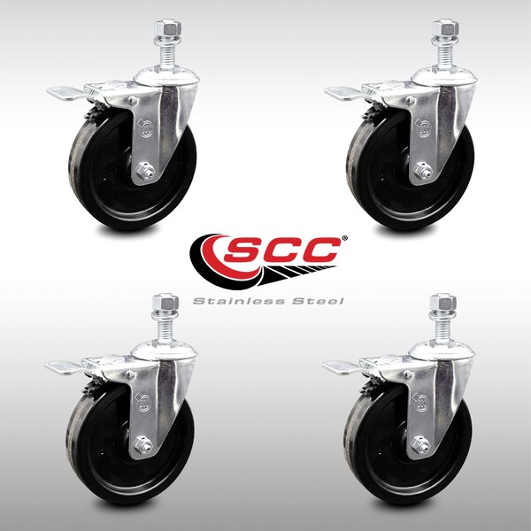 5 Inch SS Phenolic Swivel 10mm Threaded Stem Caster Set Total Lock Brake SCC
